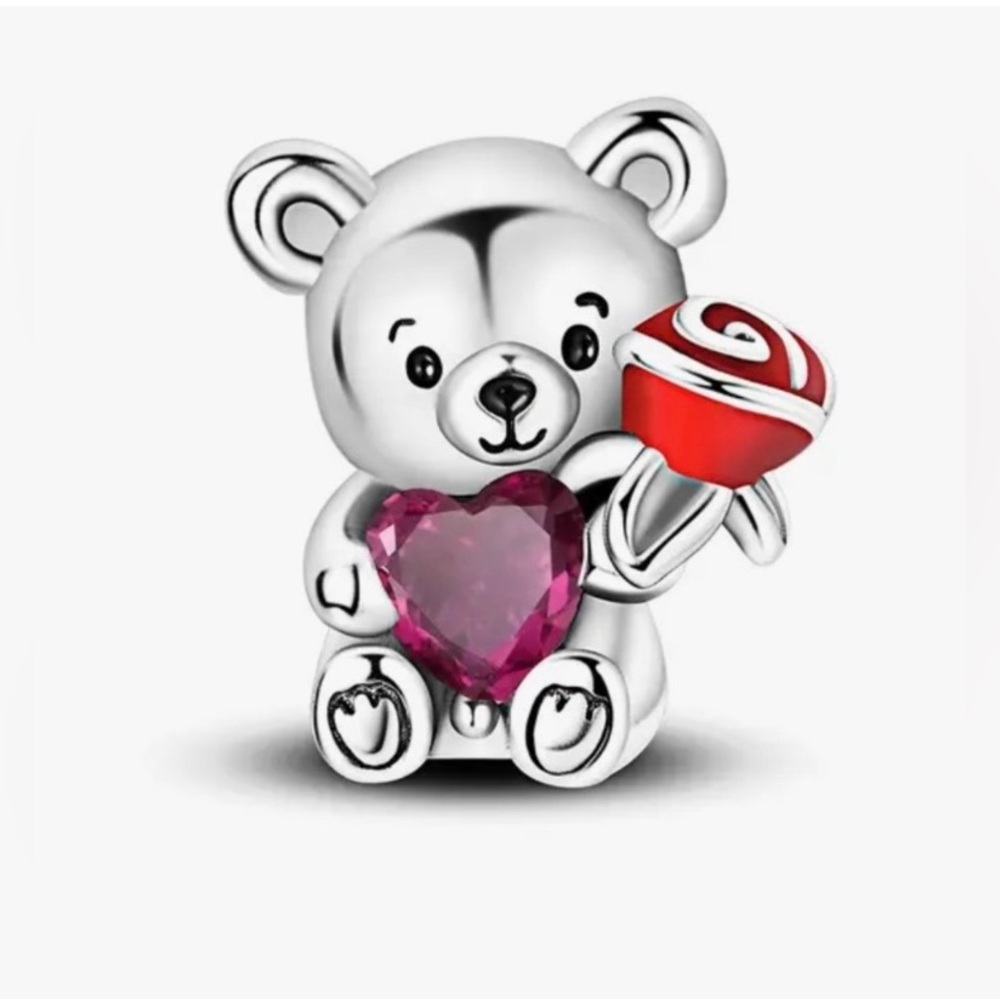Silver Teddy Bear Charm with a Pink Crystal Heart and Red Rose